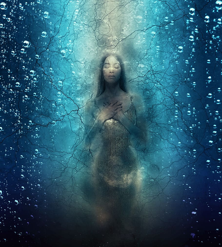 underwater, underground, woman, creepy, fear, one person, women, long hair, young adult, adult