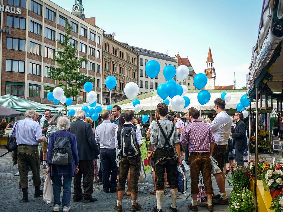 balões, pessoas, multidão, celebração, festival, festa, alemães, Munique, Alemanha, cidade