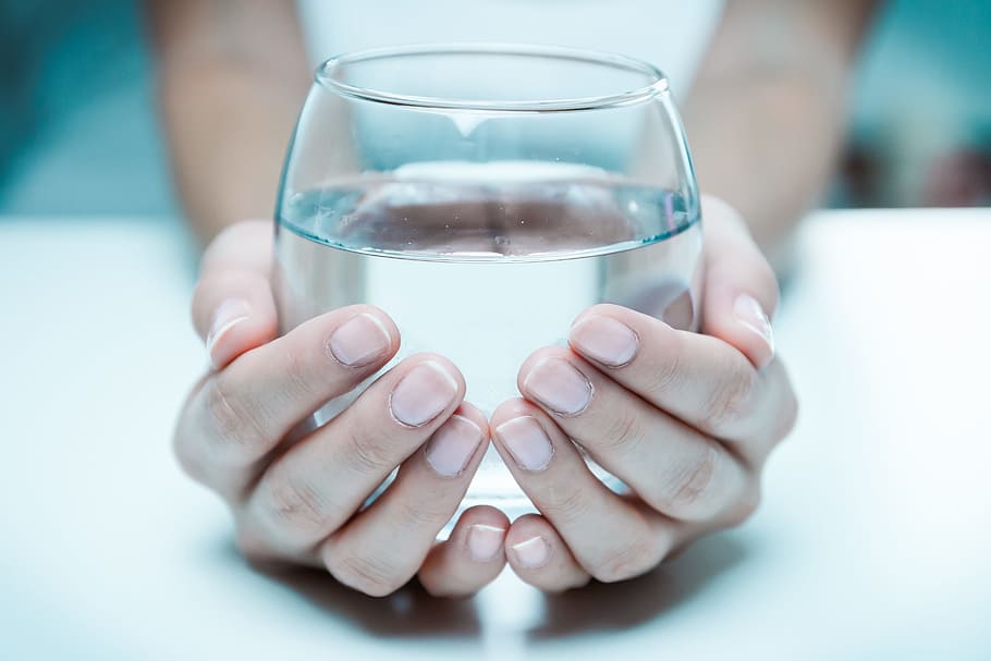 female, hand, holding, glass, clean, water, close-up., human hand, human body part, food and drink