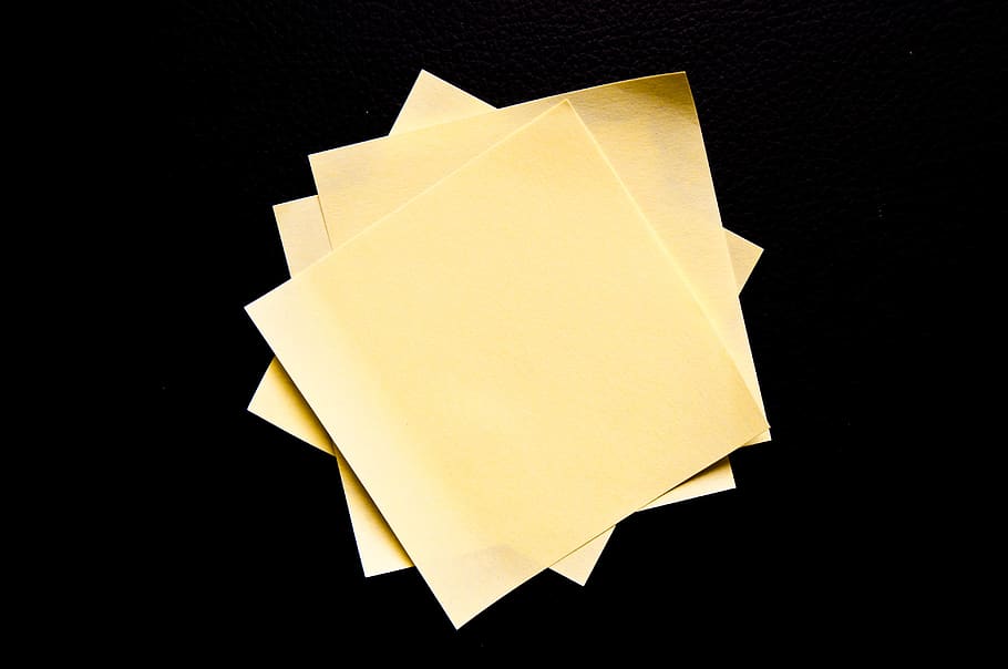 post it, pile, yellow, orange, work, list, notes, paper, black background, studio shot