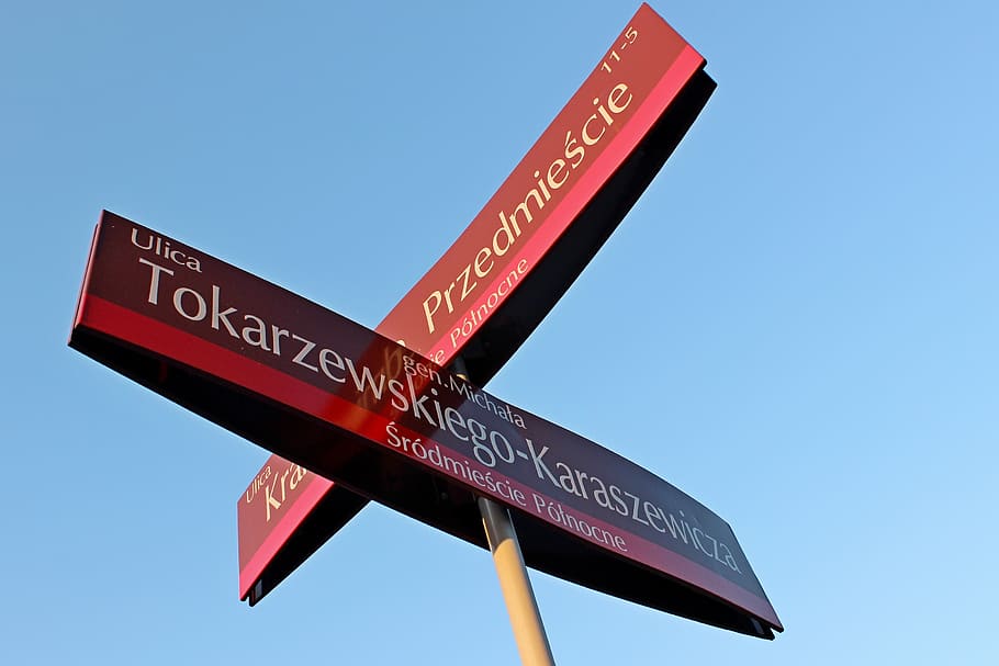 poland, warsaw, krakow suburb, the intersection, street, designation of the, signpost, sign, text, communication