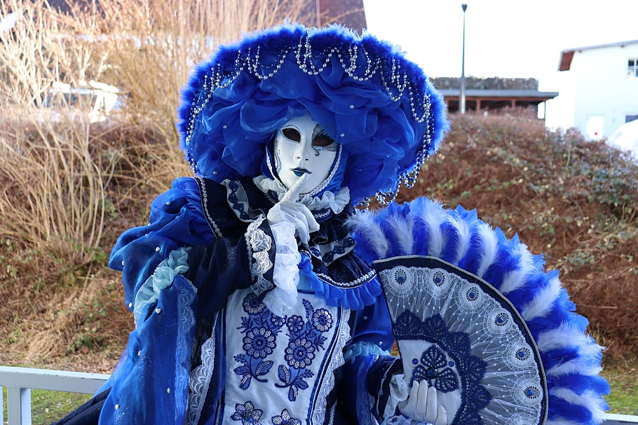 mask, carnival, masquerade, costume, romance, venice, blue, day, real people, plant
