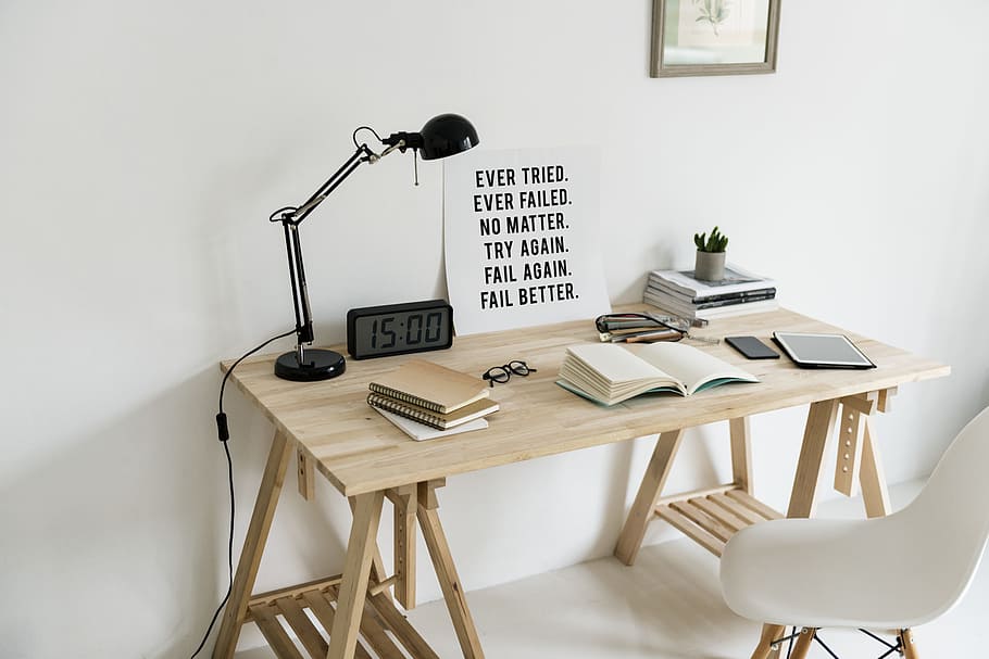 workspace, wooden table, lamp, book, design space, copy space, stationery, motivation, inspiration, digital devices