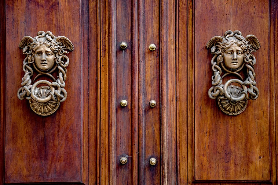 door, gate, wood, knocker, gorgon, metal, ancient, old, entrance, rome