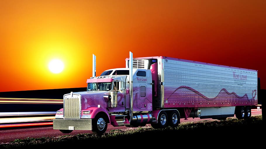 sunset, truck american, light, traffic, transport, vehicle, trailer, twilight, color, rest
