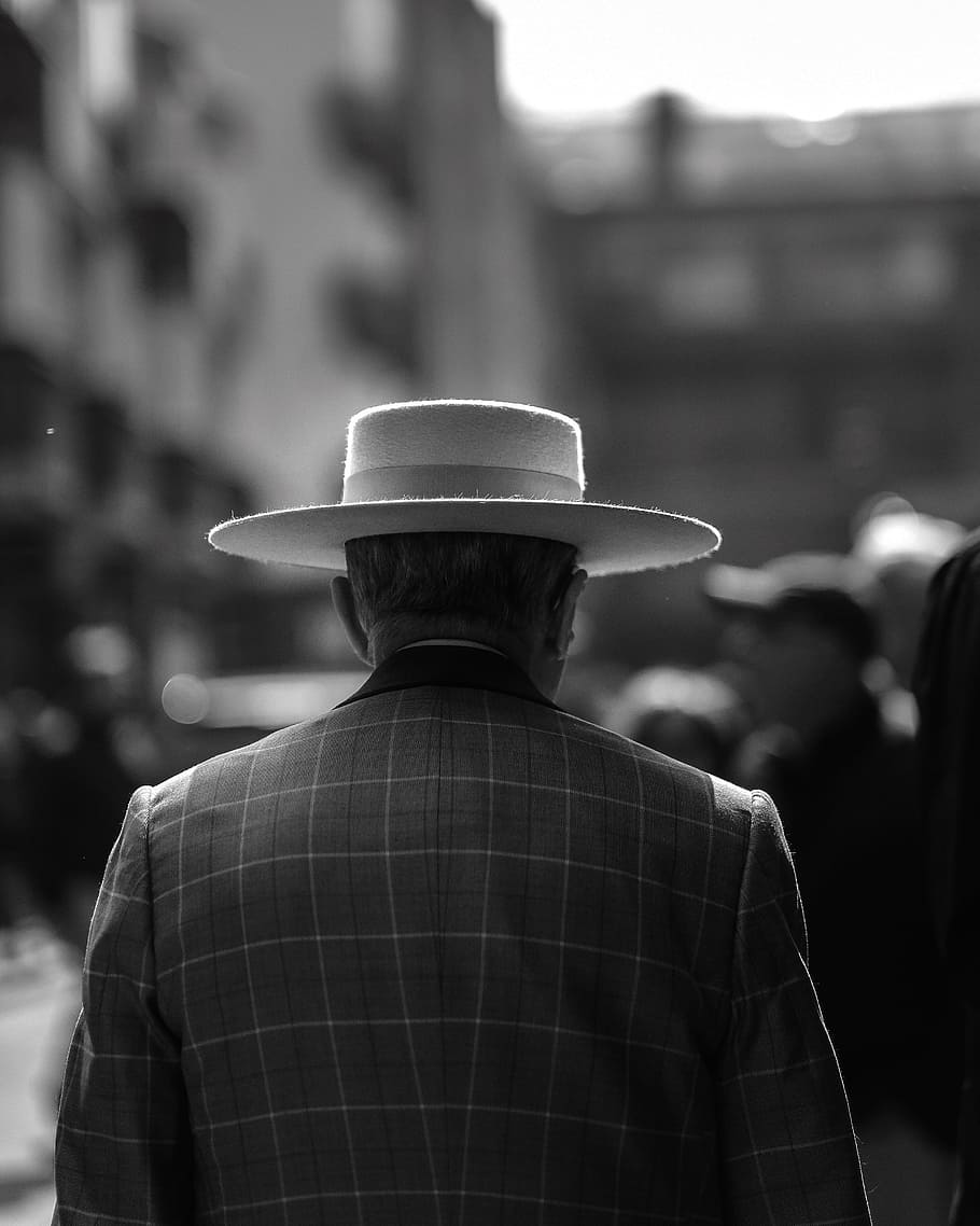 blur, people, old, man, male, walking, alone, back, coat, hat
