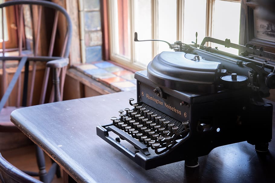 antiguidade, máquina de escrever, mesa, escritório, negócios, escritor, ler, livro, janela, velho