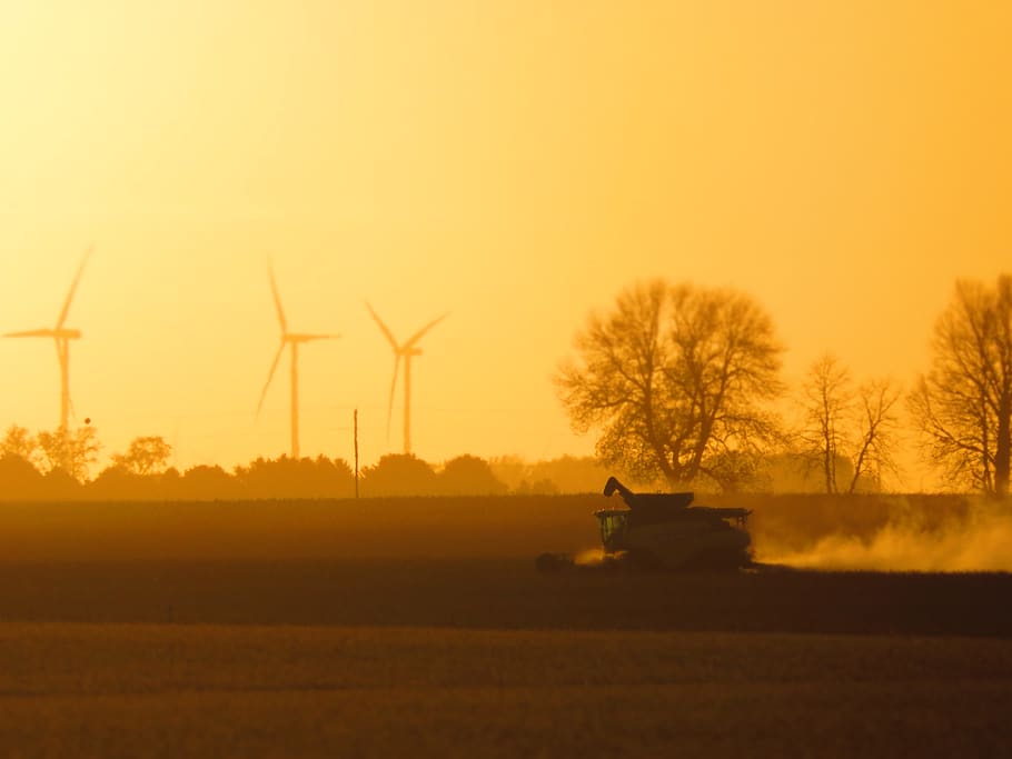 harvest, combine, windmill, rural, agriculture, sunset, environment, sky, field, environmental conservation