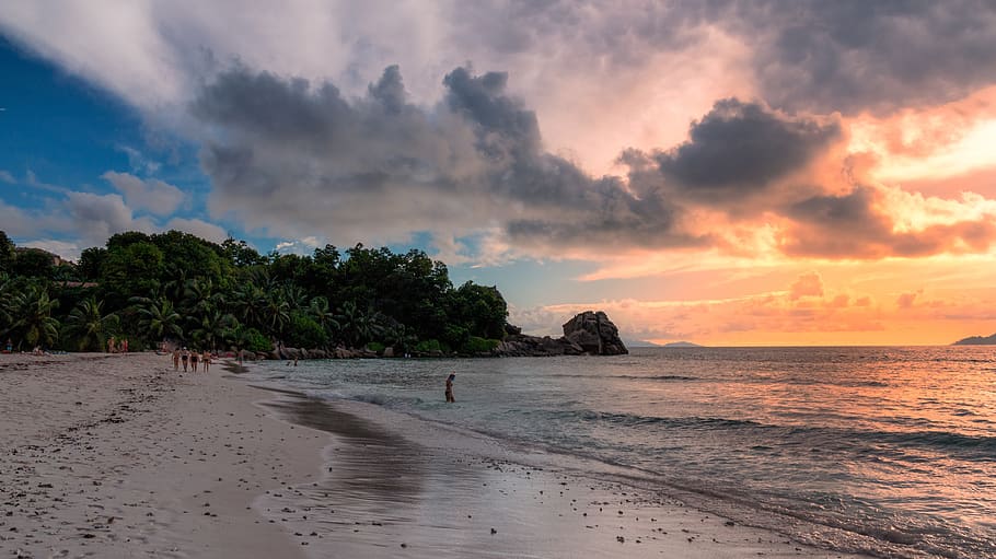 seychelles, paraíso, pôr do sol, praia, tropical, mar, uma ilha, viagem, oceano, férias