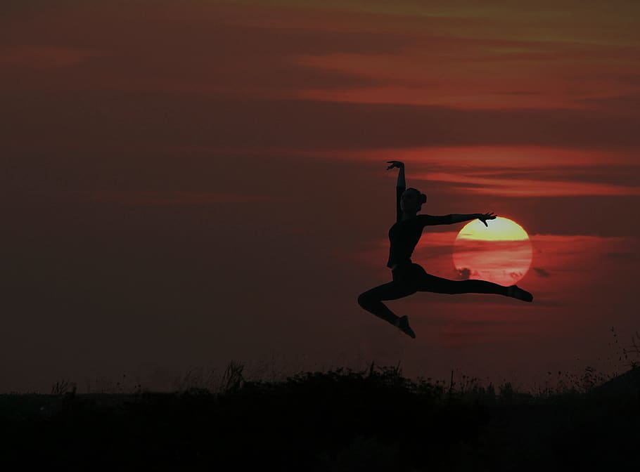 girl, sun, bounce, silhouette, in the evening, gymnast, sky, sunset, one person, real people