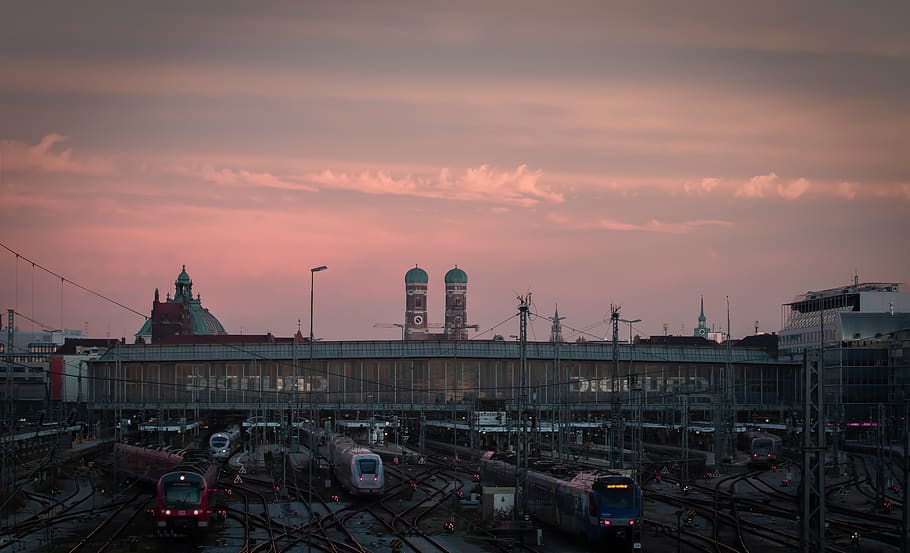 munich, frauenkirche, central station, sunset, train, railway station, clouds, sky, panorama, city