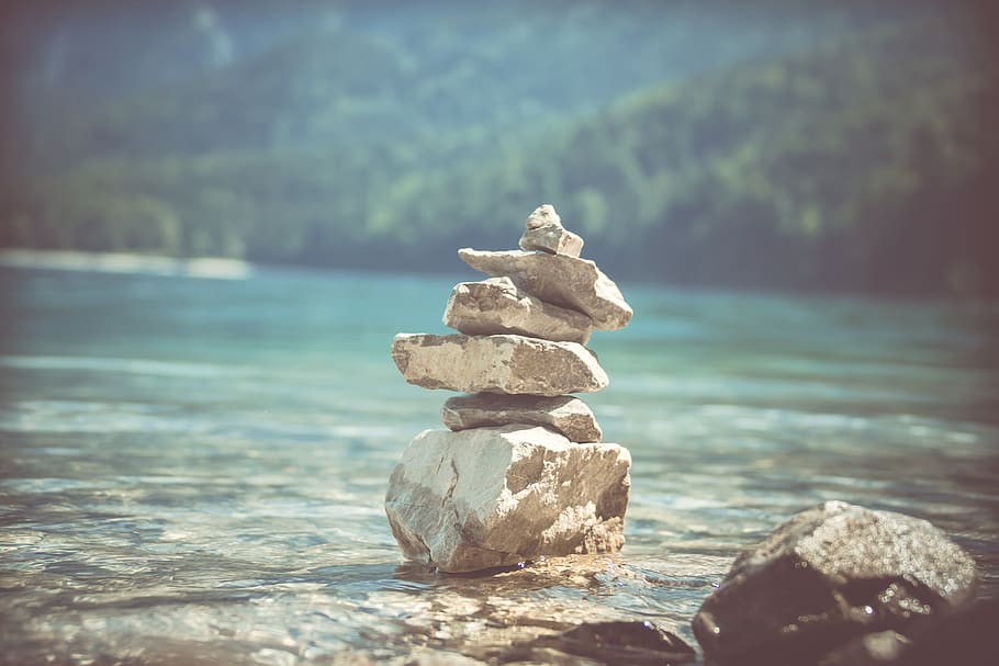 relax, zen, rest, mindfulness, peaceful, waterfront, meditation, silence, stones, pile of stones