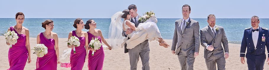 wedding, beach, bride, groom, frieds, bridesmaids, carrying on hands, group of people, celebration, event