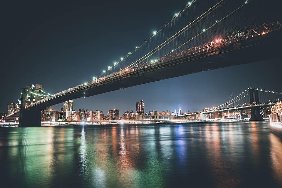Puente de Brooklyn, Nueva York, arquitectura, noche, Estados Unidos, estructura construida, puente, conexión, puente - estructura hecha por el hombre, ciudad