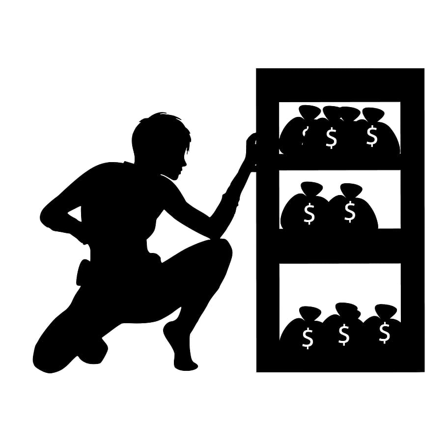 silhouette, thief, stealing, bags, money., rob, burglar, trying, break, safe