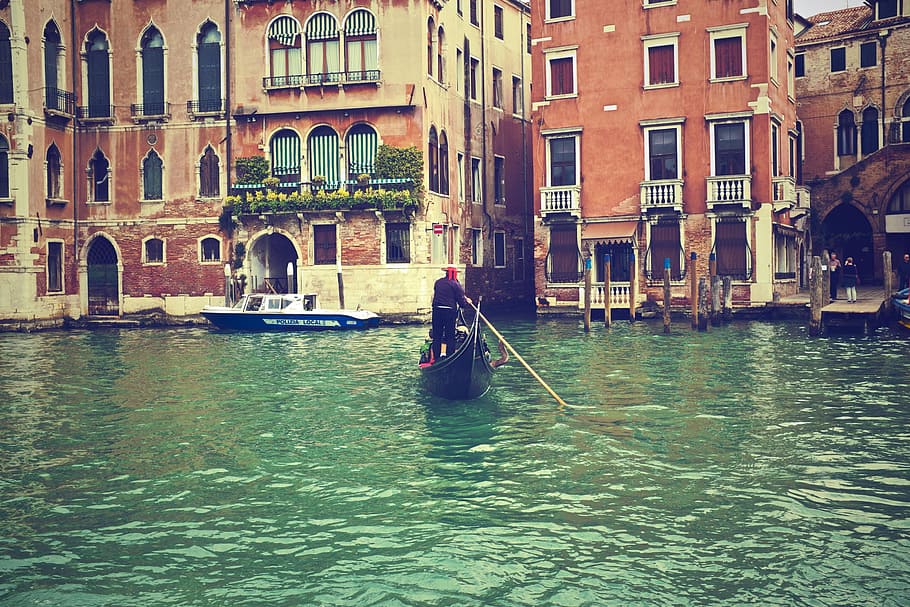 gondola, Venesia, Italia, air, perahu, rumah, apartemen, kota, bangunan, arsitektur