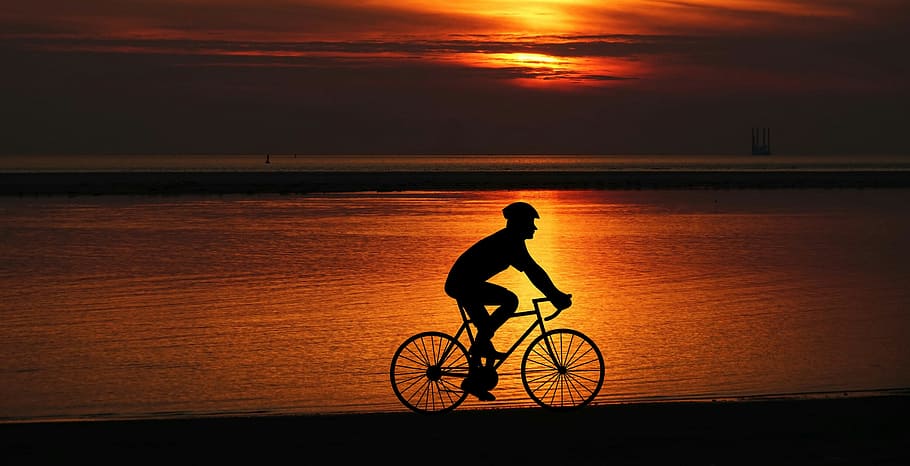 cyclist, silhouette, sunset, scene, design, wheel, bike, transportation, panoramic, outdoors