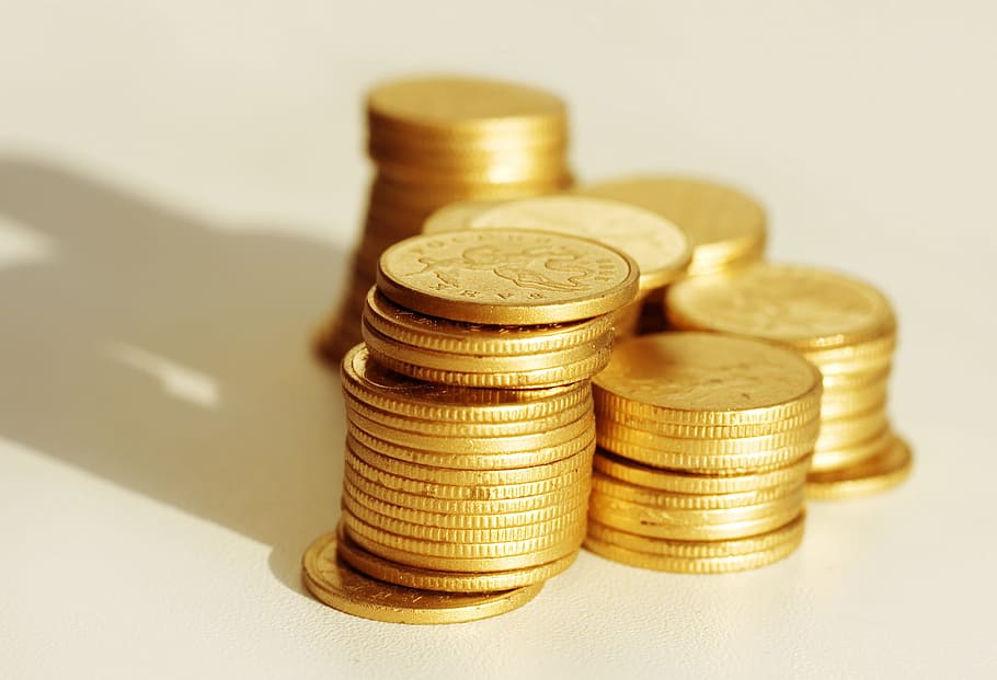 close-up, koin, emas, uang, keuangan, tumpukan, kekayaan, mata uang, bisnis, tabungan