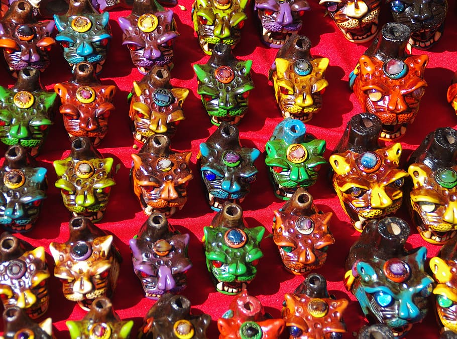 mexico, candle holders, display, trinkets, jaguar, colorful, market, ethnic, ceramic, decoration