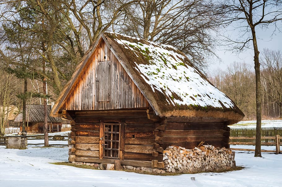 cottage, winter, old cottage, wooden cottage, tree, snow, cold temperature, plant, architecture, built structure