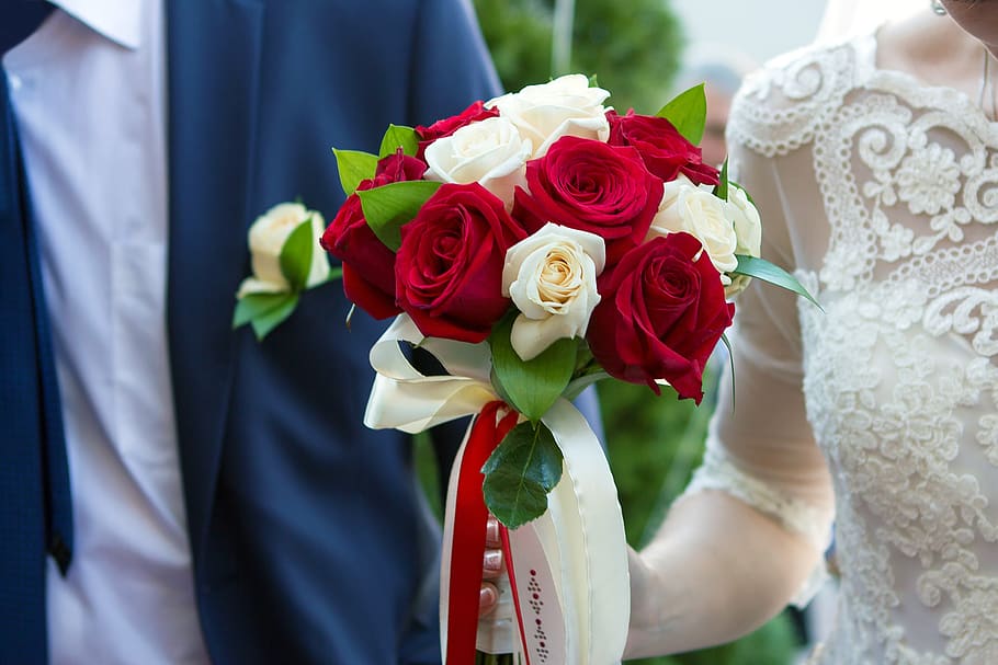 pernikahan, pasangan, baru menikah, romantis, karangan bunga, pengantin pria, pengantin wanita, cinta, upacara, kebahagiaan