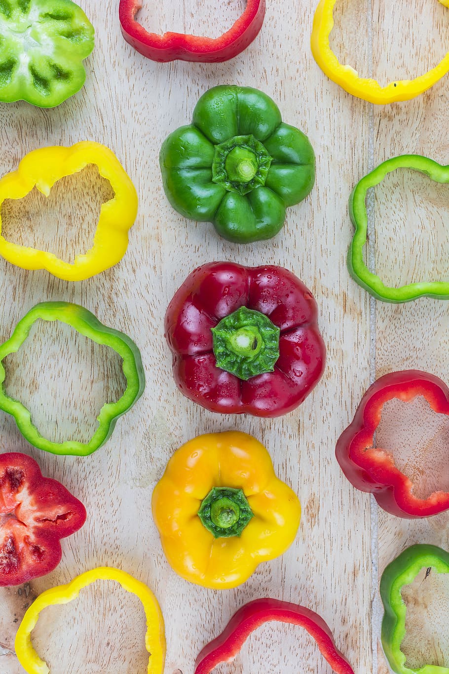 multicolored, sweet, pepper, wooden, placed, food and drink, food, vegetable, freshness, bell pepper