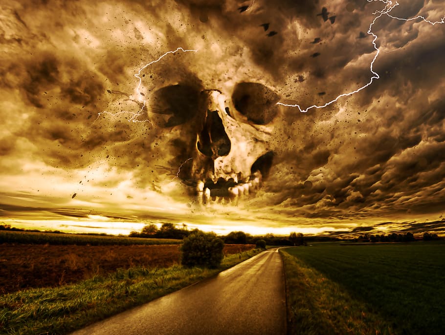 horror, macabre, fantasy, dark, gothic, storm, skull, lightning, birds, highway