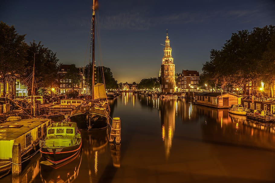canal in amsterdam, city and Urban, amsterdam, water, illuminated, architecture, built structure, building exterior, reflection, sky