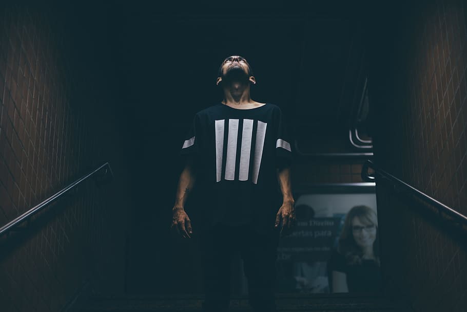 people, man, shirt, dark, stairs, hypebeast, fashion, front view, one person, real people