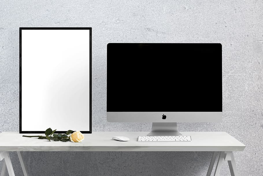 poster, frame, imac, computer, table, flower, interior, copy space, indoors, technology