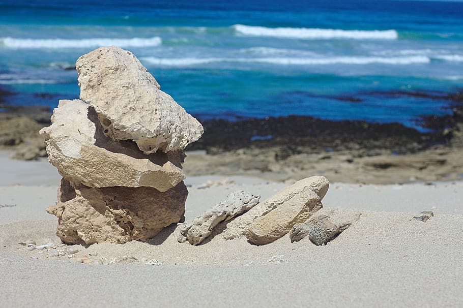 stone, stack, sand, ocean, sea, nature, rocks, water, beach, land