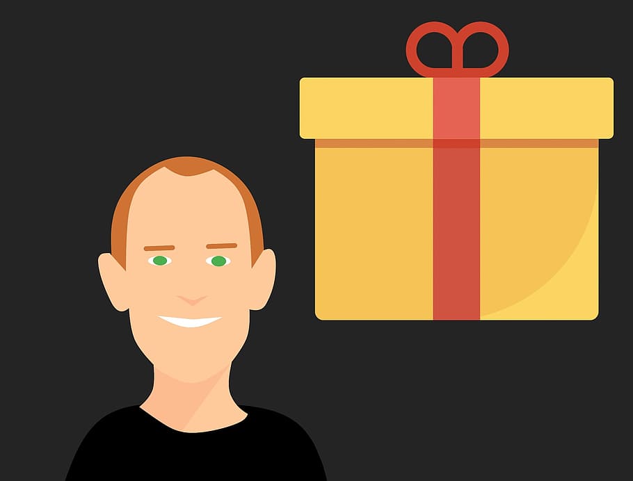 sonriente, hombre, envuelto, regalo, -, ilustración., caja de regalo, presente, tarjeta de regalo, regalos de navidad