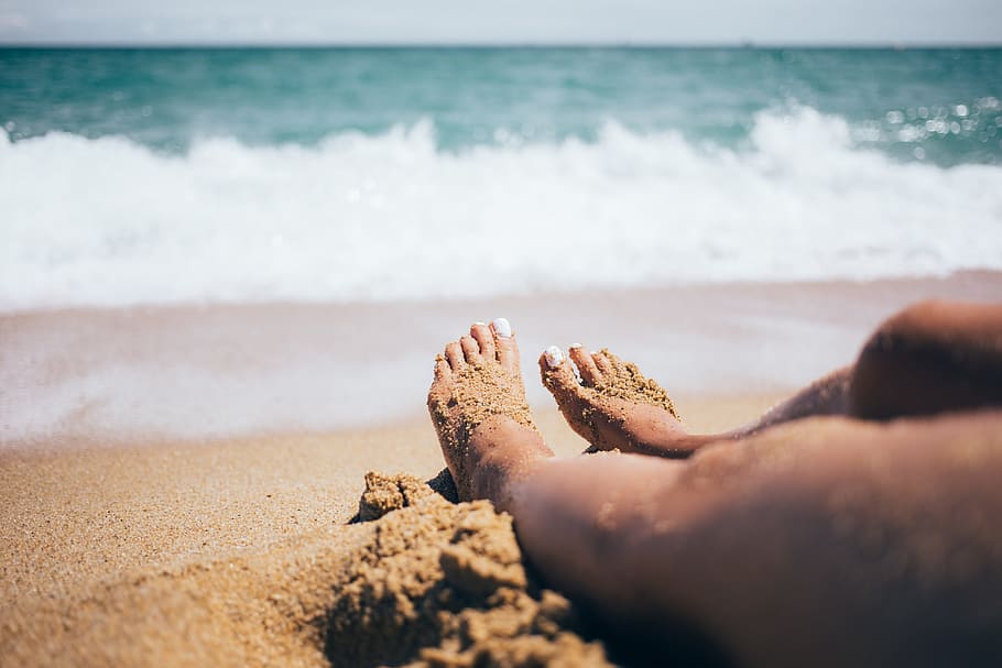 areia, pés, praia, plano de fundo, 20-25 anos, Adulto, Azul, Férias, Horizonte, Oceano