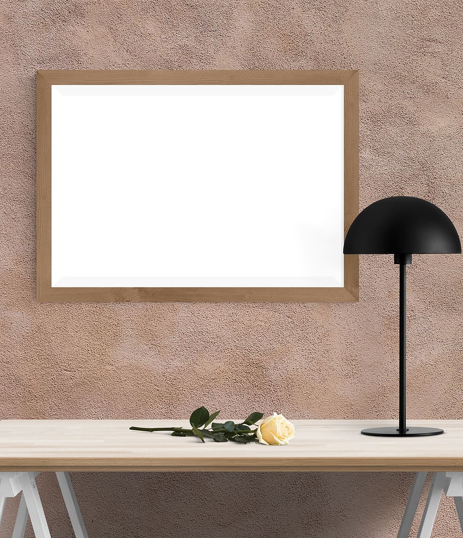 poster, frame, desk, flower, rose, lamp, indoors, picture frame, table, wall - building feature