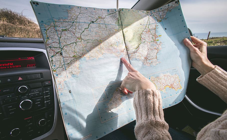 travel, map, car, vacation, direction, compass, destination, finger, woman, female
