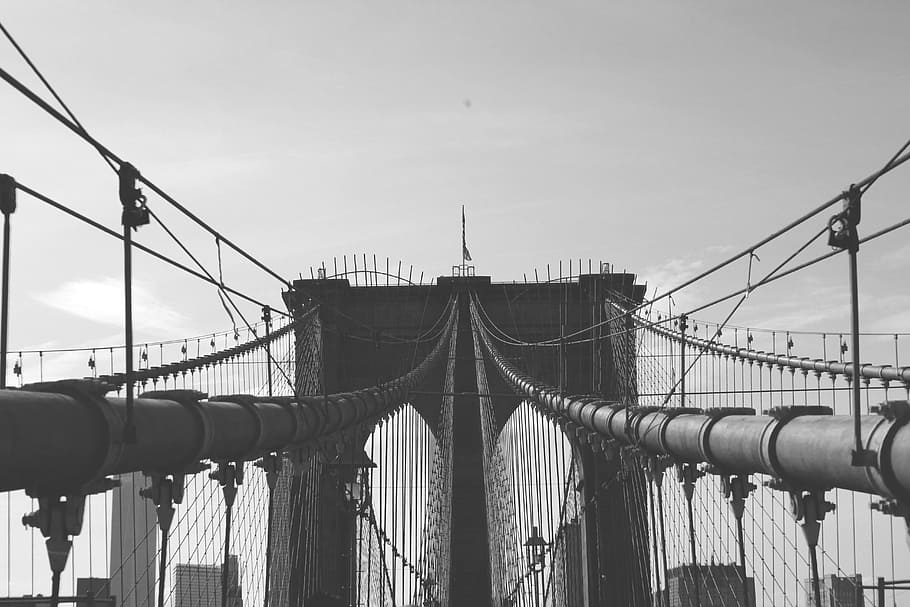 black and white, architecture, bridge, vehicle, mast, landmark, brooklyn, suspension, electricity, monochrome