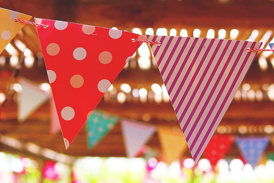 birthday party flags, various, birthday, birthdays, flag, flags, party, focus on foreground, celebration, decoration
