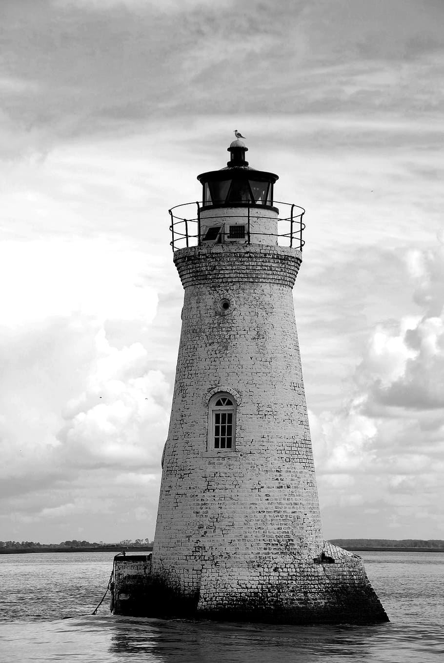 cockspur lighthouse, beacon, warning, nautical, ocean, river, ships, boats, black and white, monochrome