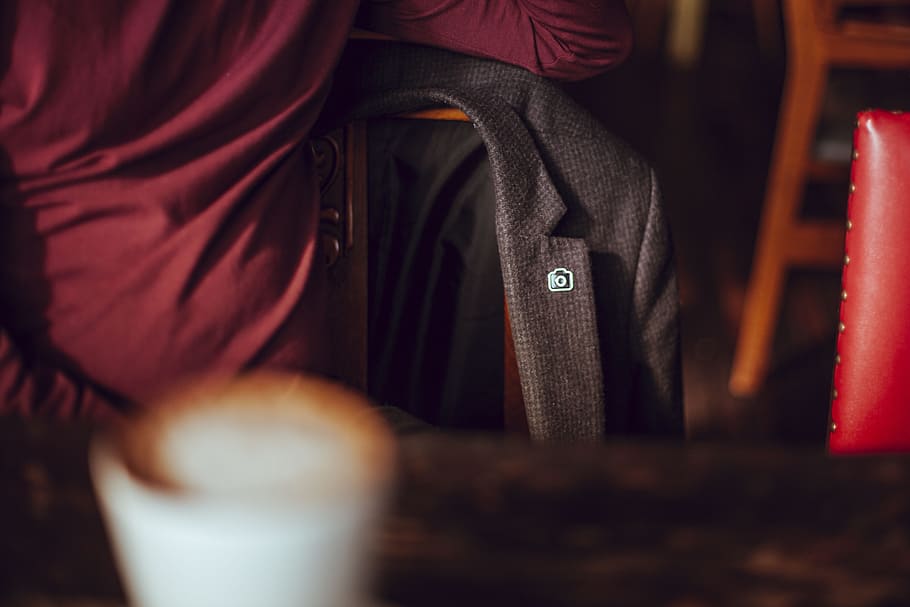 pin, camera, formal, coat, black, midsection, one person, men, adult, selective focus