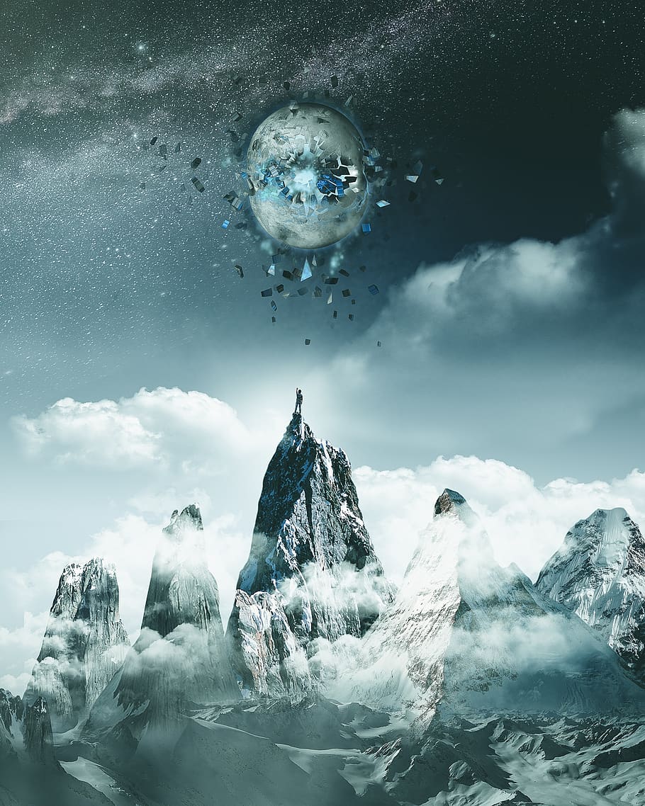 surrealism, surreal, moon, fantasy, dream, imagination, clouds, mountains, ice, space
