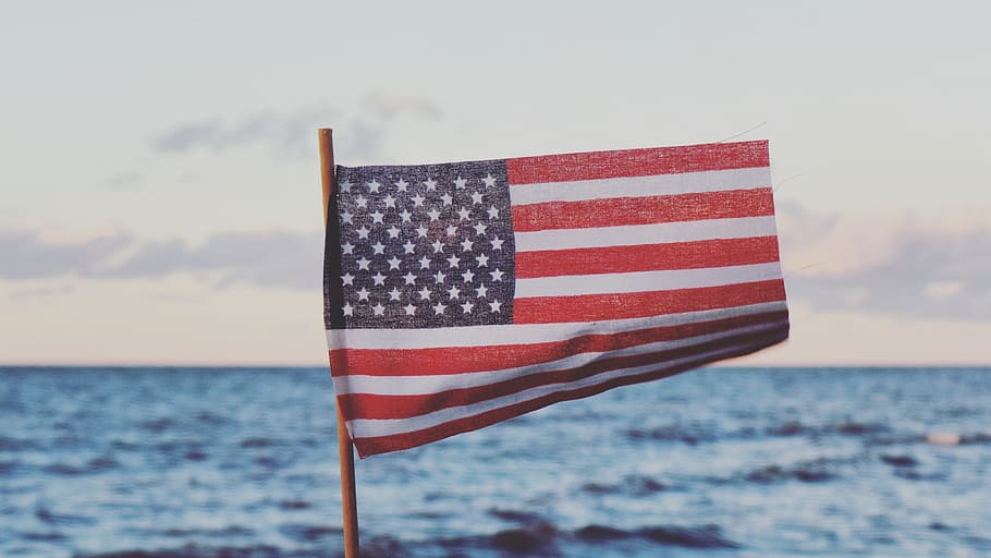 mar, océano, agua, naturaleza, horizonte, nubes, cielo, bandera, Estados Unidos, patriotismo