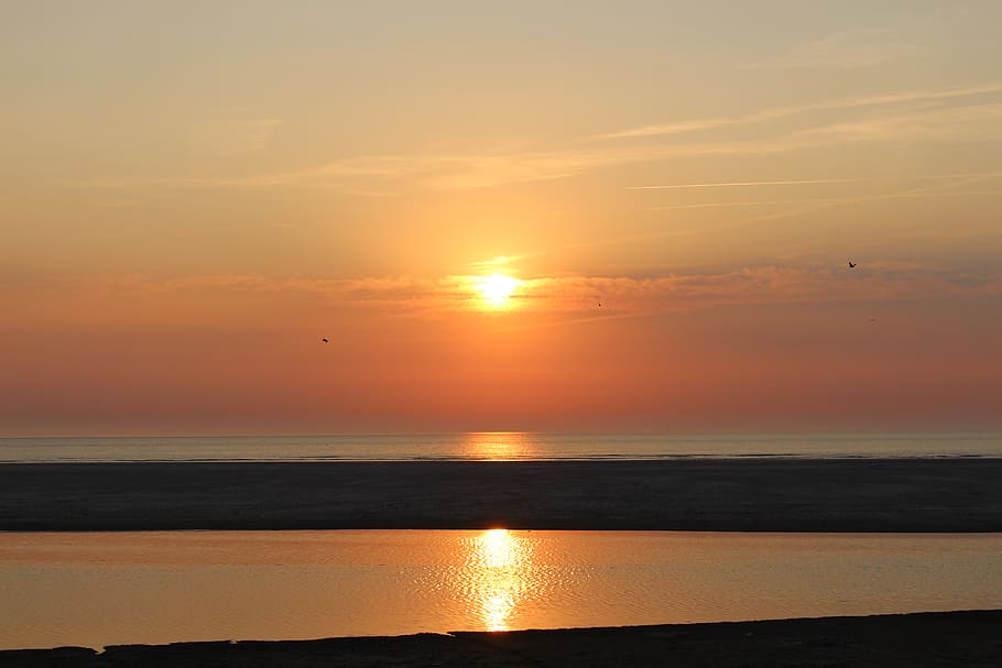 sunset, langeoog, north sea, sea, east frisia, panorama, sky, coast, island, nature