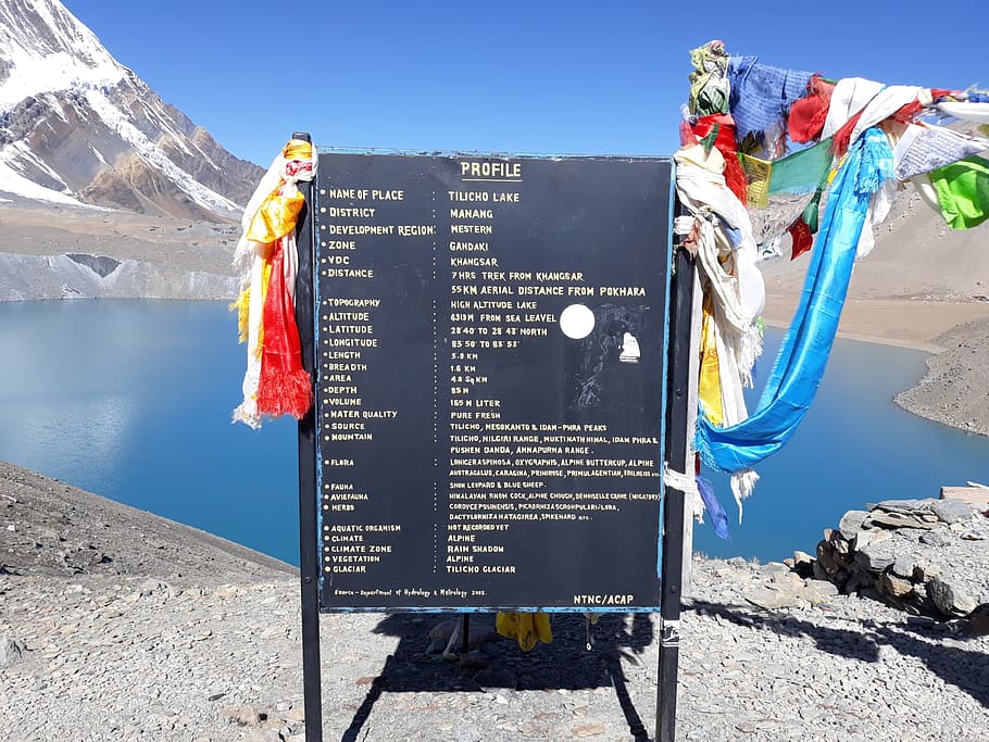 útil, letrero, lago tilicho, nepal, naturaleza, himalaya, montaña, nieve, fresco, hermoso