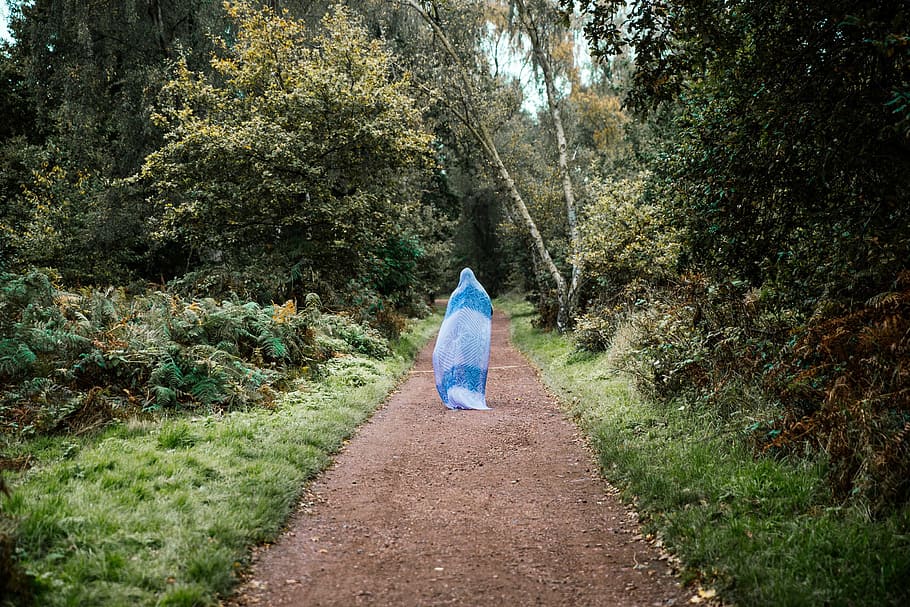 woman, walking, forest path, entire, body, covered, adult, landscape, path, tree