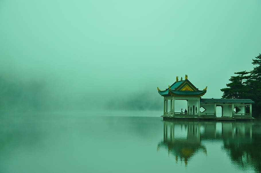 turismo, lago, lushan, nube, pabellón, china, paisaje, como el lago del piano, agua, frente al mar