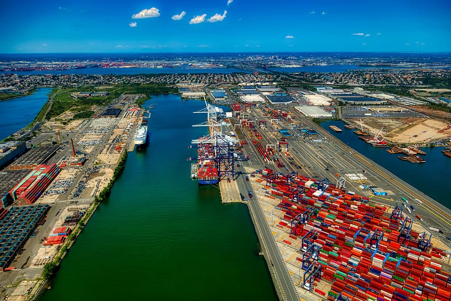 port terminal, bayonne, new jersey, america, industry, hdr, inlet, sea, ocean, aerial view
