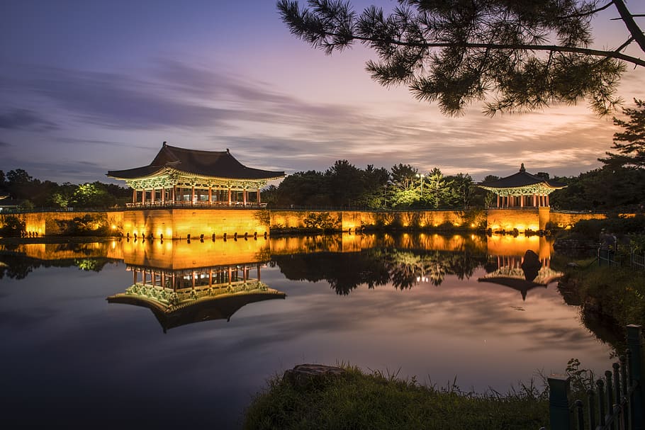 matahari terbenam, pemandangan malam, situs bersejarah, istana tua, kolam, refleksi, mirroring, pemandangan, korea, gyeongju