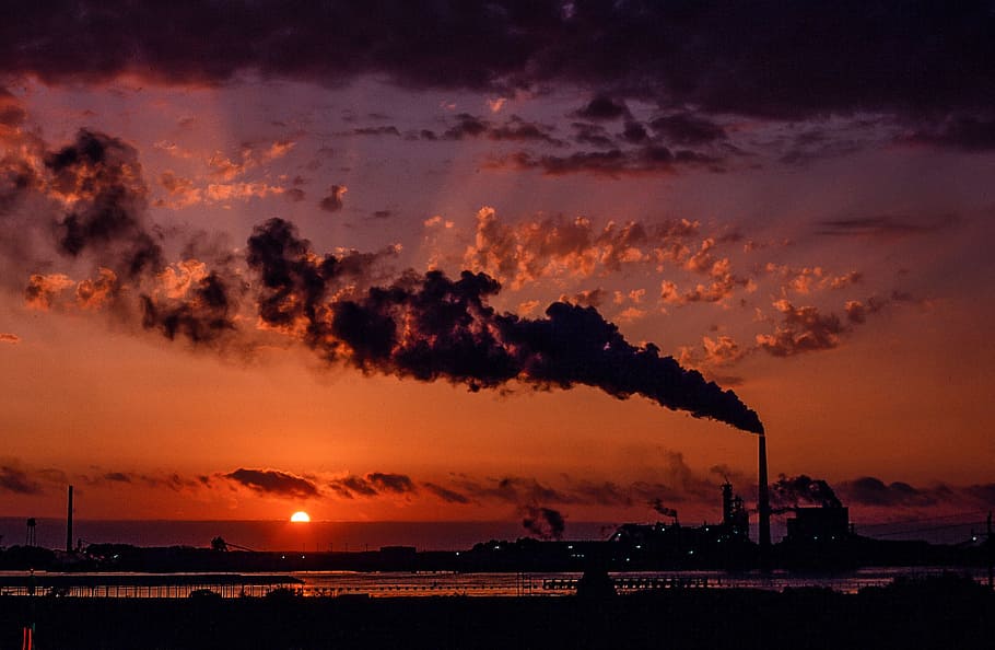 industrial, factory smoke, smokestacks, sunset sky, clouds, electricity, emission, factory, manufacturing, ocean