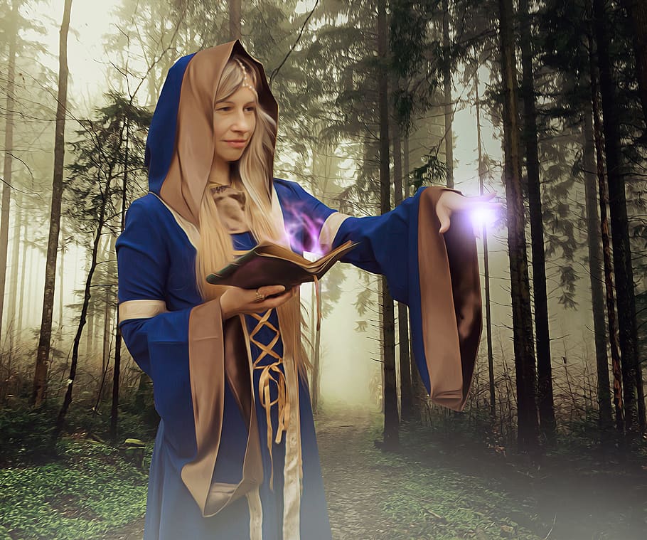 sorceress, spell, magic grimoire, forest, witch, druid, fantasy, woman, female, model