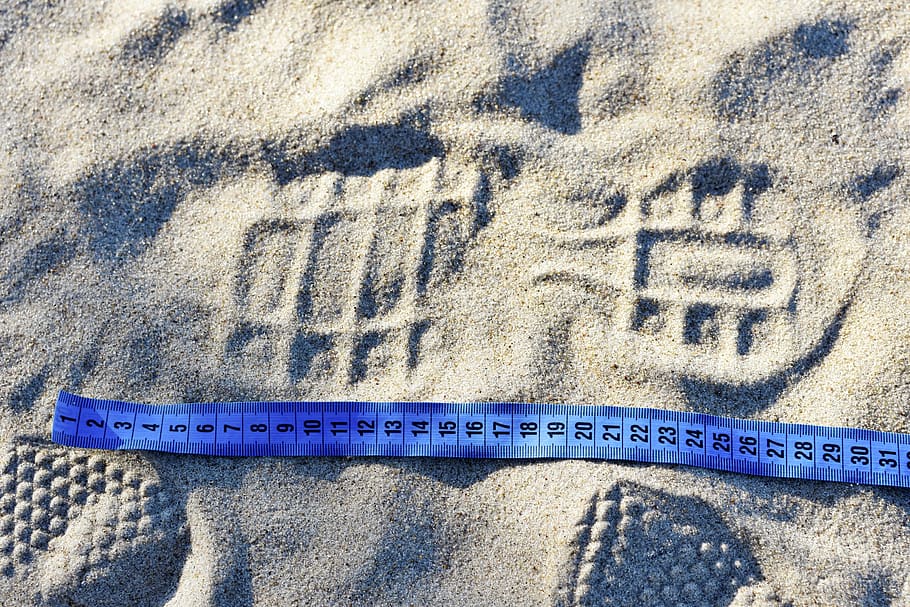 ukur, pita biru, jejak, pasir, pantai, sentimeter, milimeter, pengukuran, luar, mata-mata